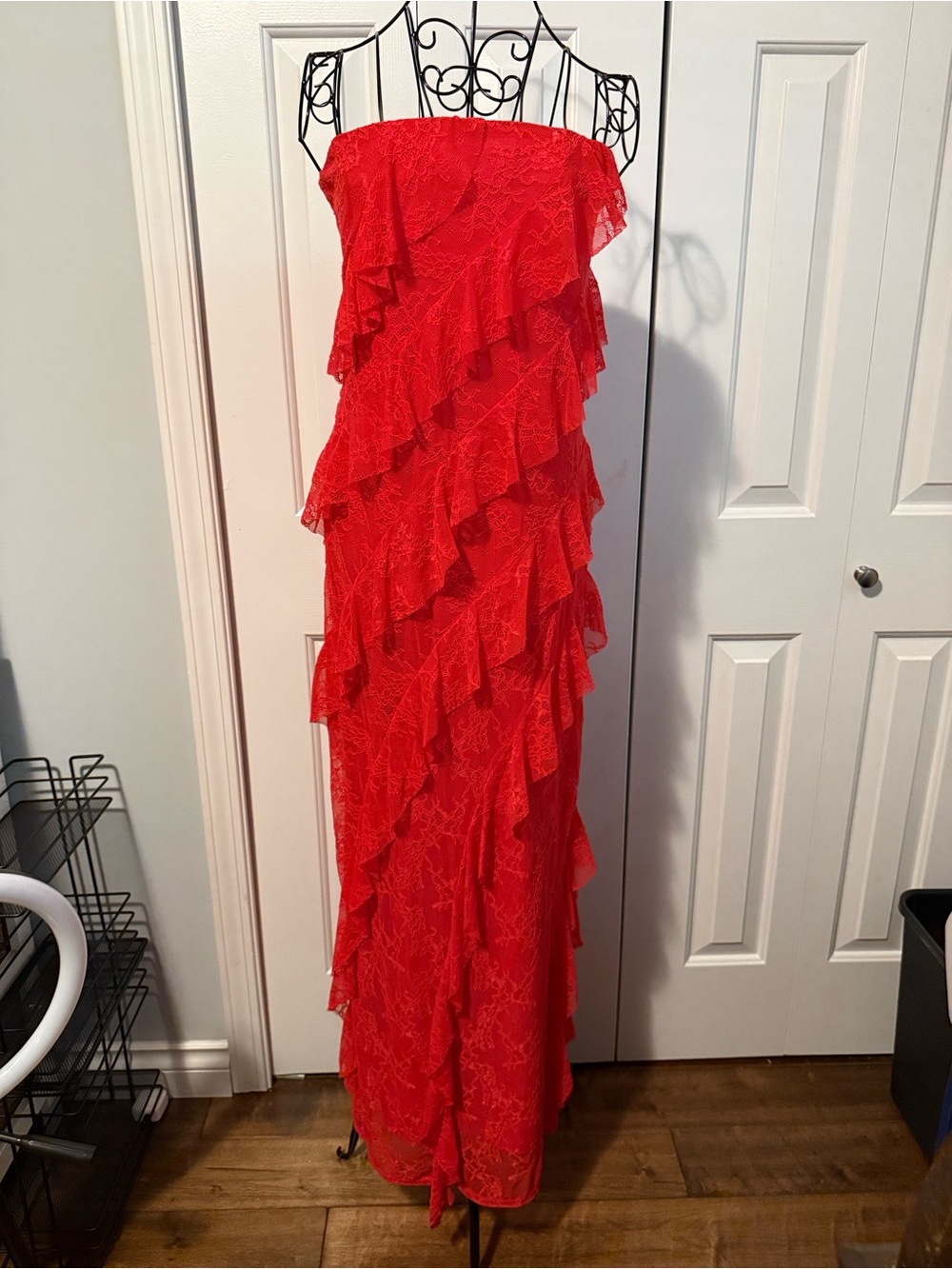 Strapless Red Ruffle Lace Maxi Dress